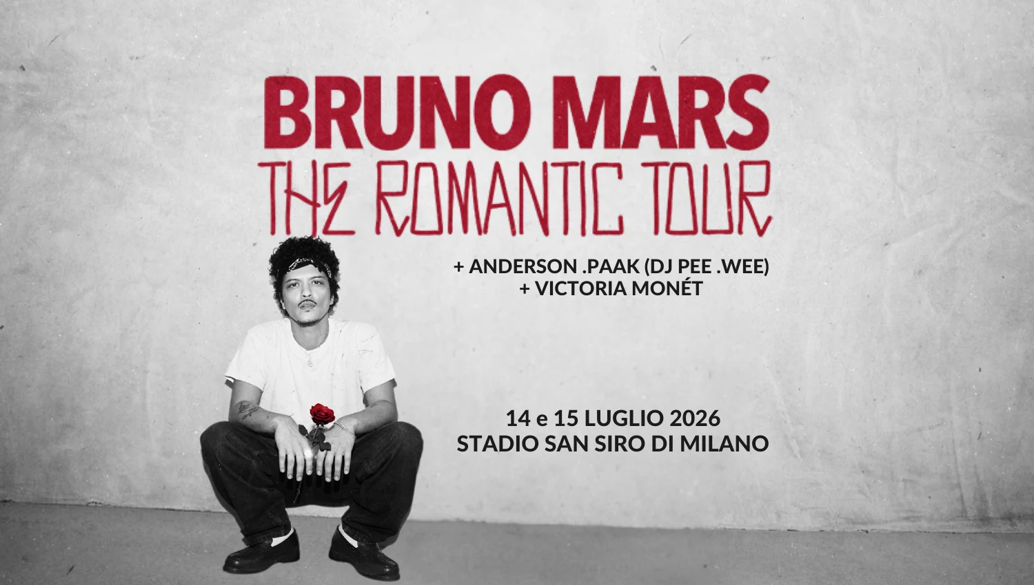 Bruno Mars in concerto a Milano il 14 e 15 luglio 2026 - Data, info e biglietti - THe Romantic Tour 2026