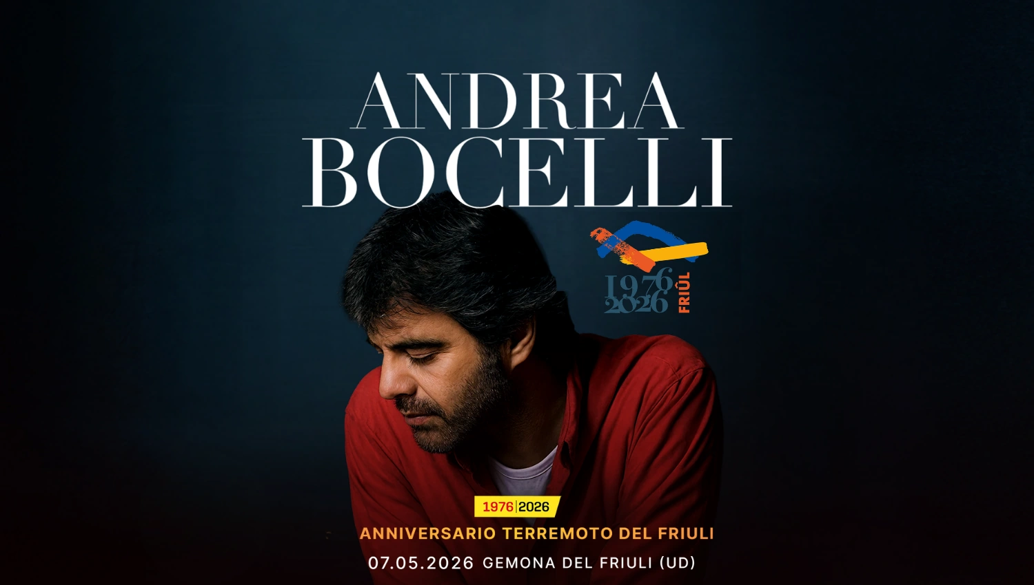 Bocelli in concerto a Gemona del Friuli Udine per aniversario Terremoto del Friuli 1976-2026