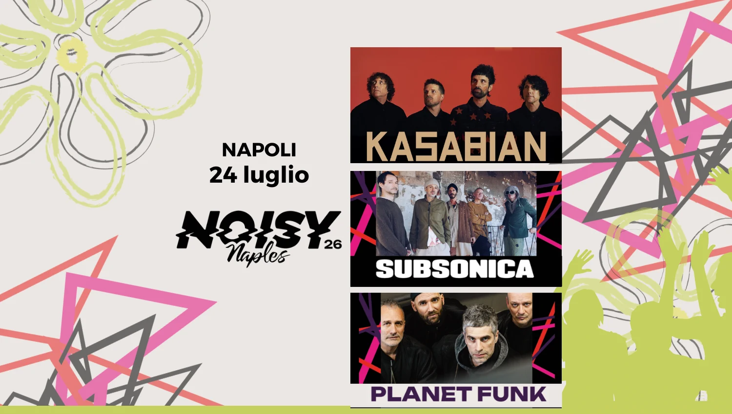 Kasabian Napoli 2026 - concerto al Noisy Naples Fest con Subsonica e Planet Funk