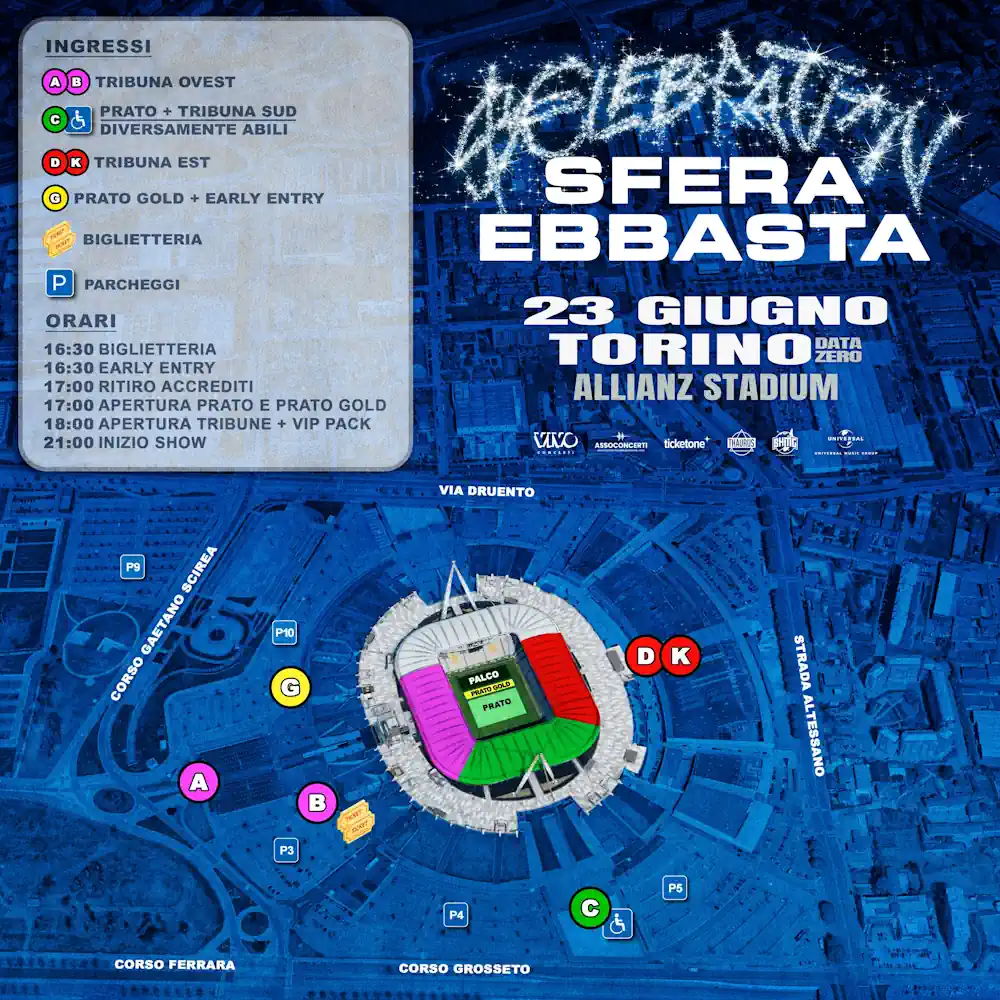 Sfera Ebbasta concerto a Torino 2026 - Mappa ingressi e biglietterie