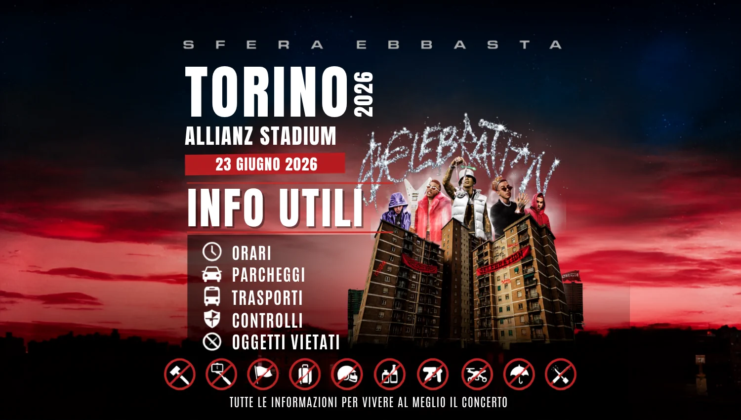 Sfera Ebbasta concerto a Torino 2026 - orari, parcheggi, trasporti e divieti