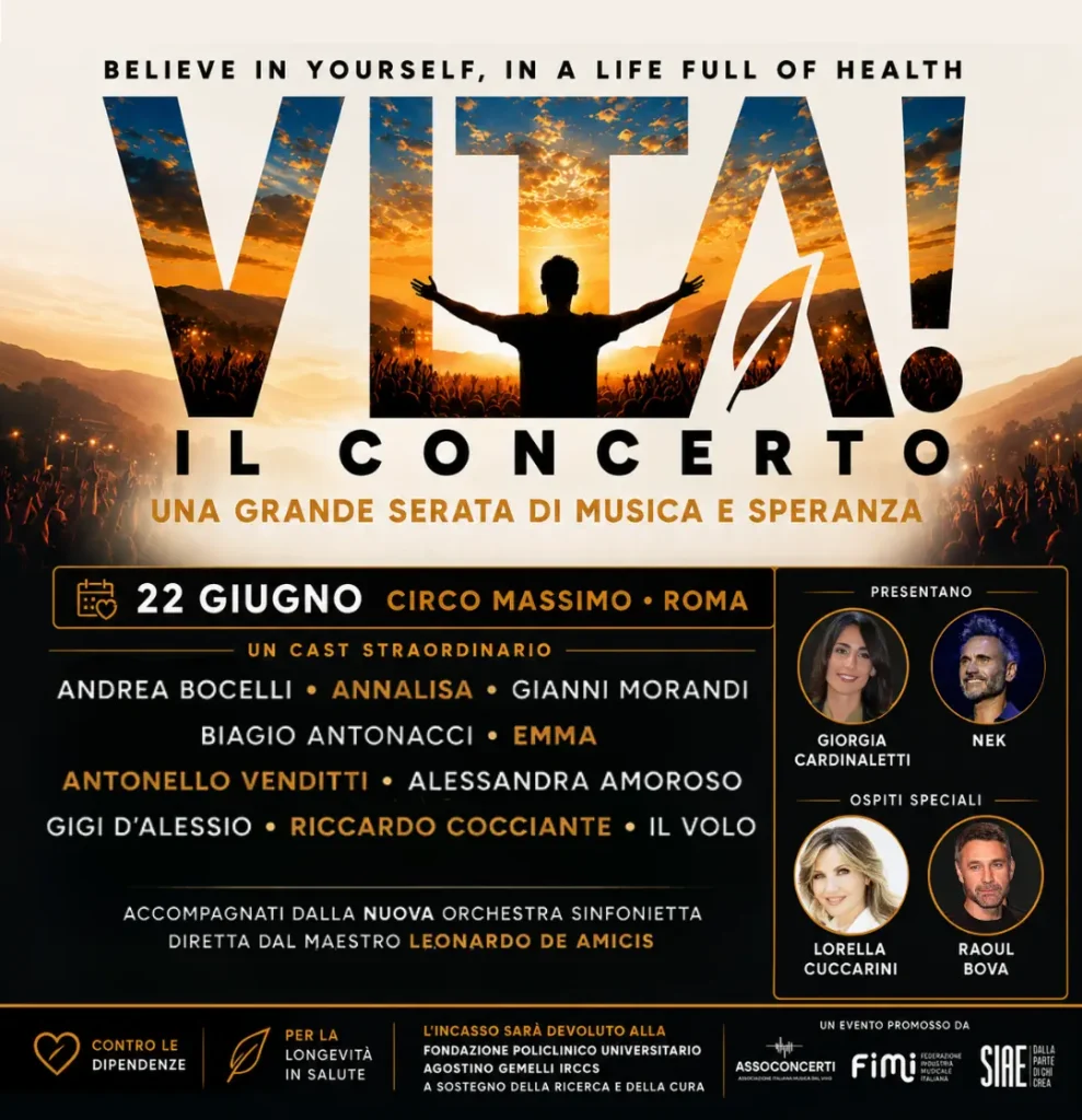 Vita Il Concerto - una grande serata di musica e speranza - 22 giugno 2026 Circo Massimo Roma