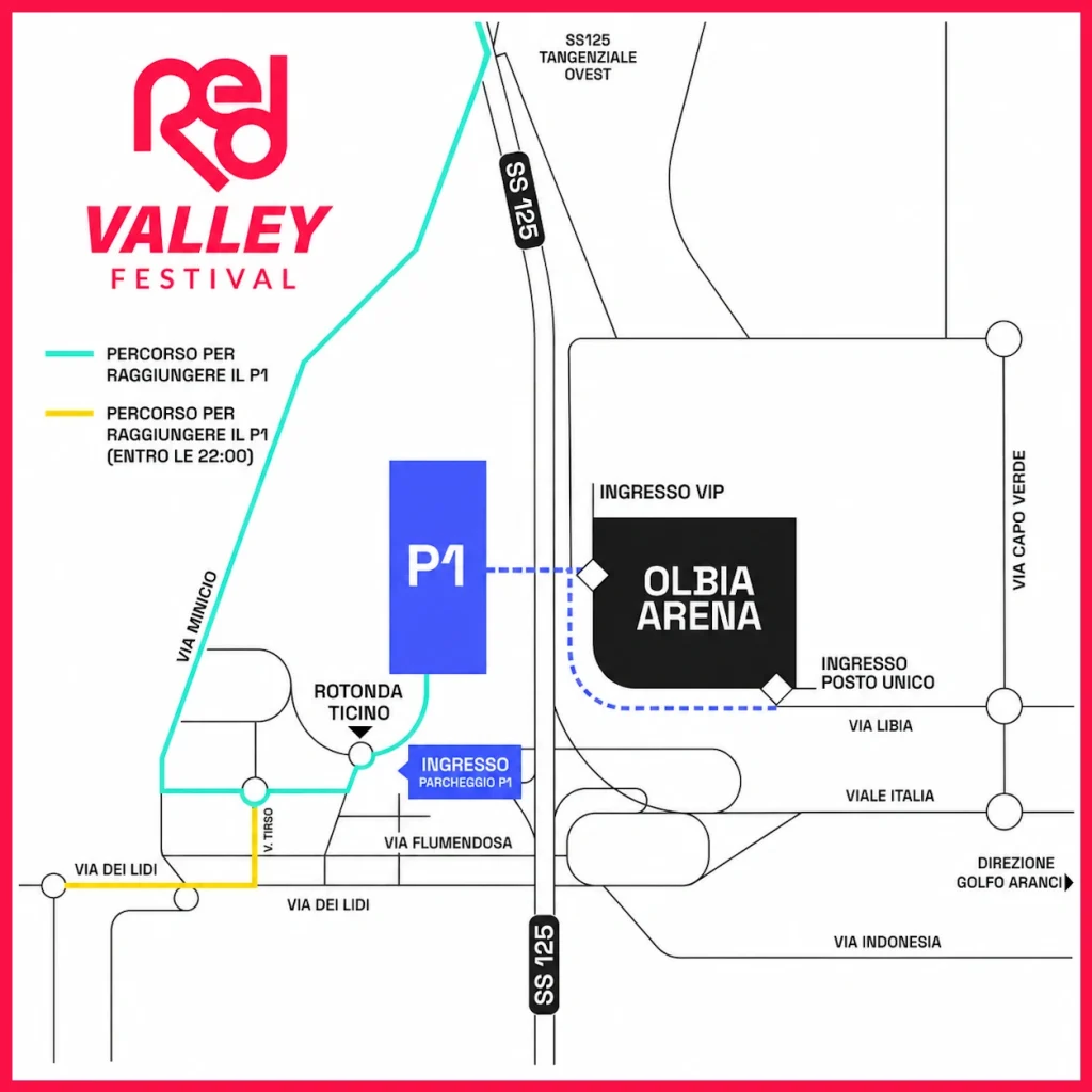 Red Valley Festival 2026 Olbia - Mappa per parcheggio P1
